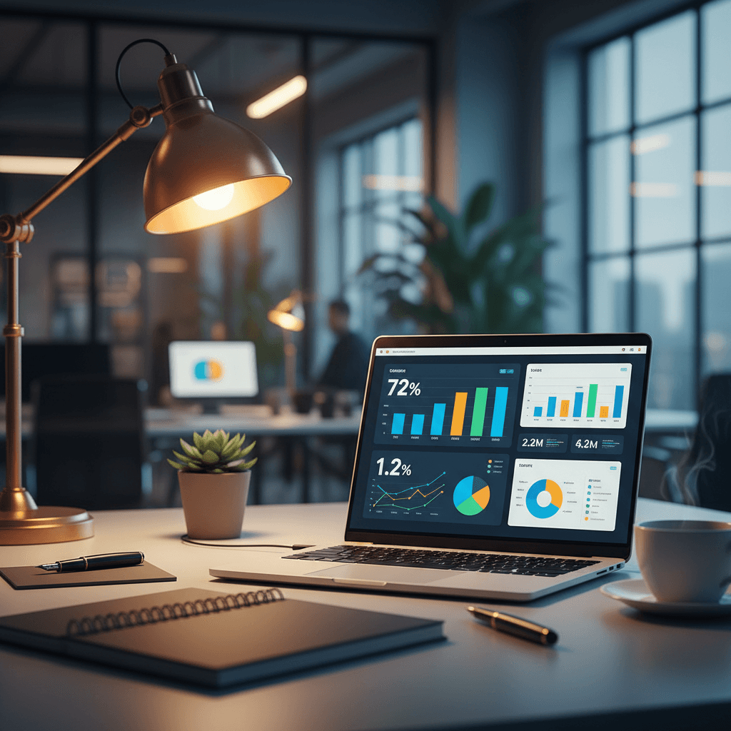 Tech company workspace with analytics dashboard