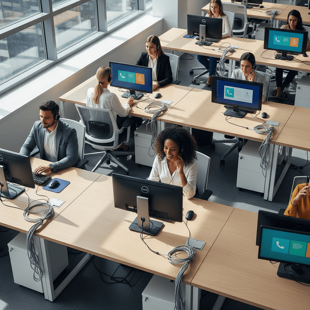 Contact center agents working at stations with headsets