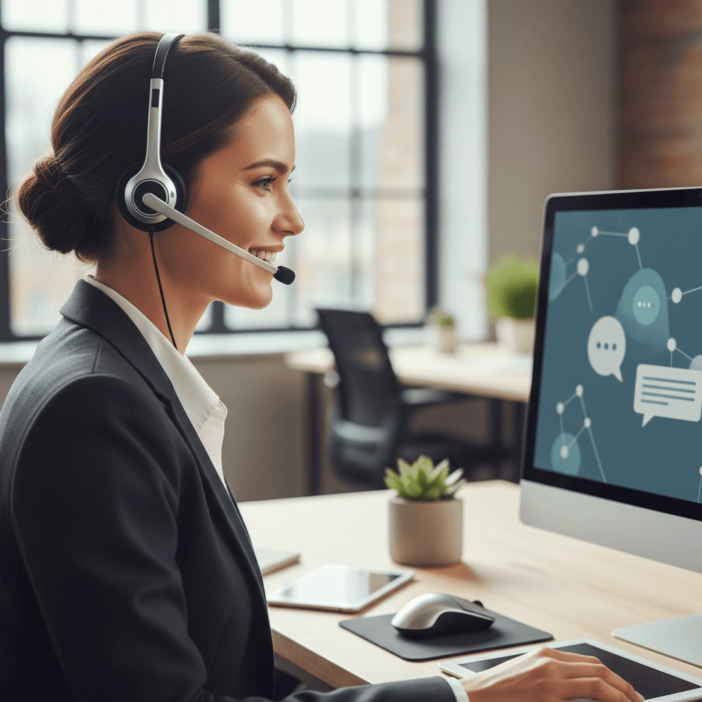Multilingual customer service professional actively engaged during a call